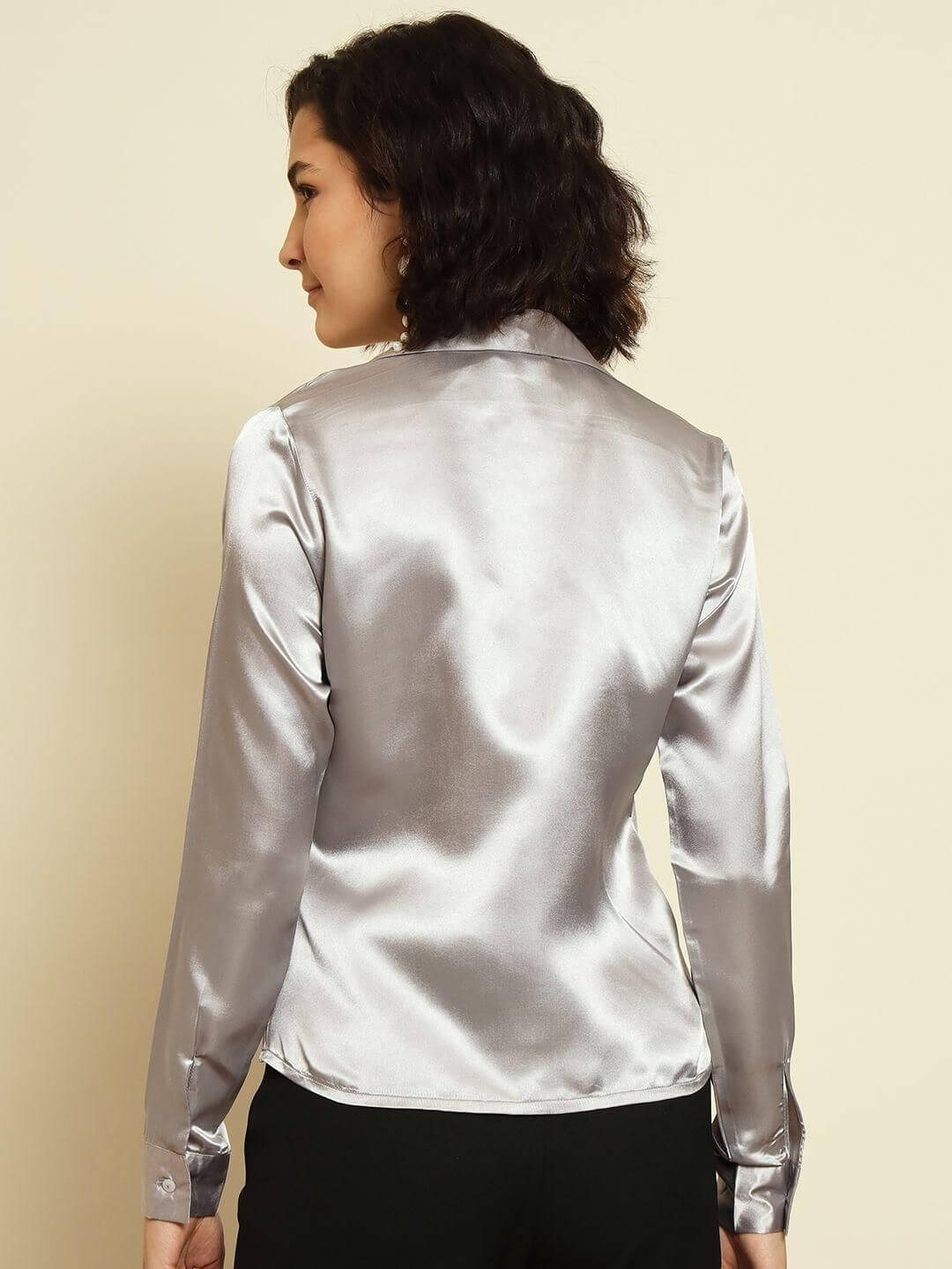 TRENDARREST Grey Satin Gathered Shirt