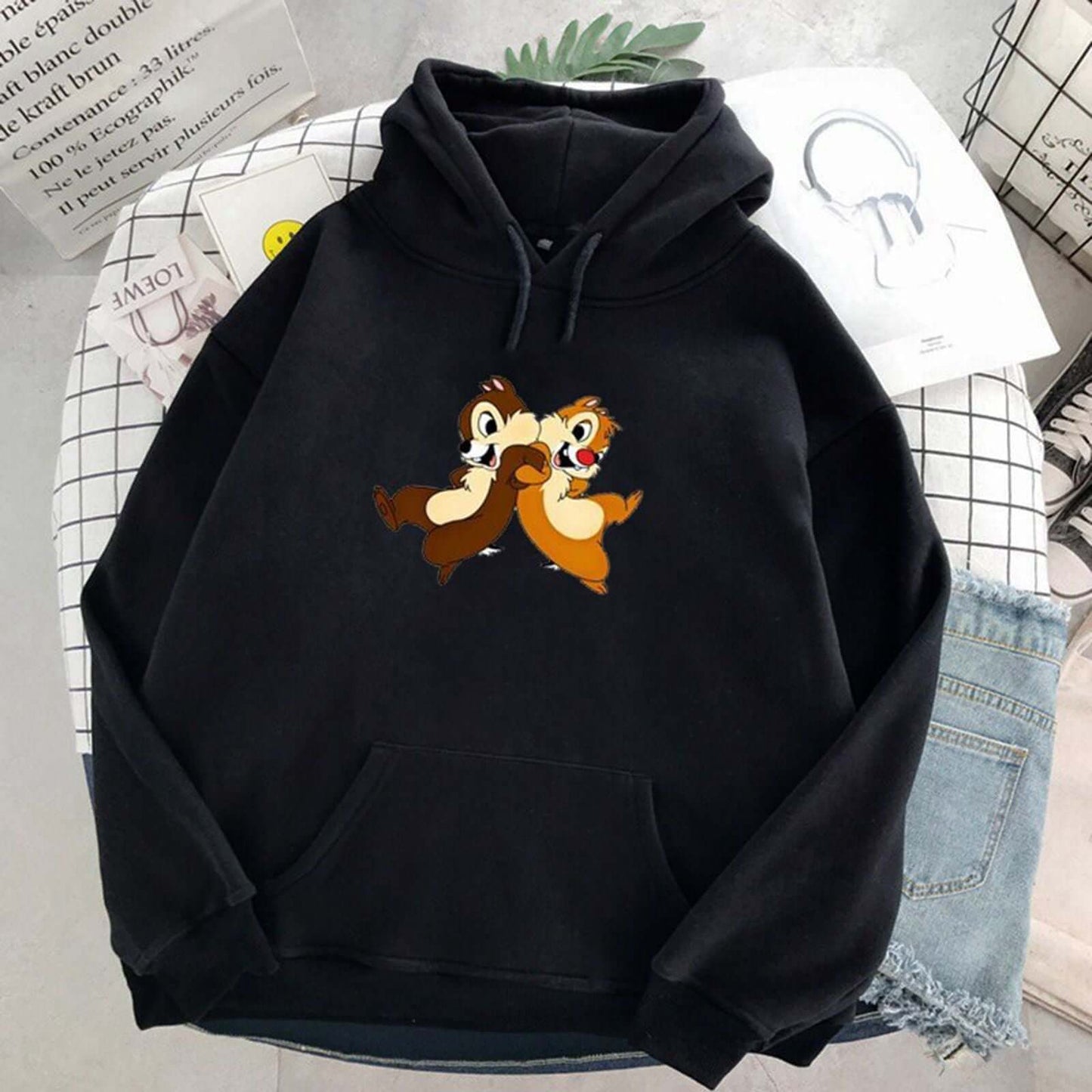 Popster Black Printed Fleece Hoody Regular Fit Long Sleeve Womens Sweatshirt