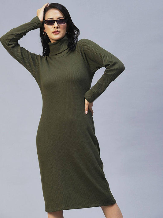 Rigo Women's Olive Green Turtle Neck Waffle Knit Cotton Midi Dress